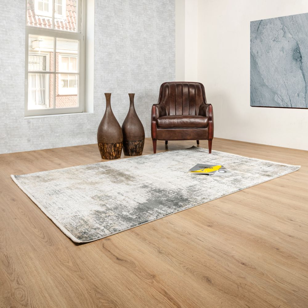 Tapete decorativo Minori T2292 rectangular en tonos crema, gris y oro