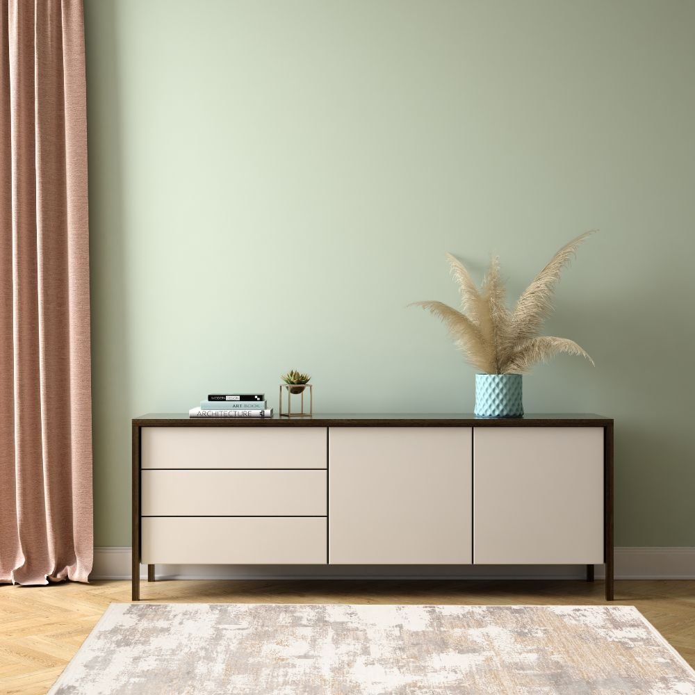 Tapete decorativo colección Minori rectangular en tonos crema, gris y oro