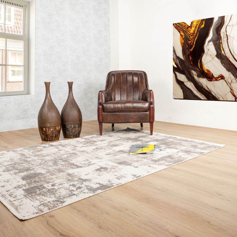 Tapete decorativo colección Minori rectangular en tonos crema, gris y oro