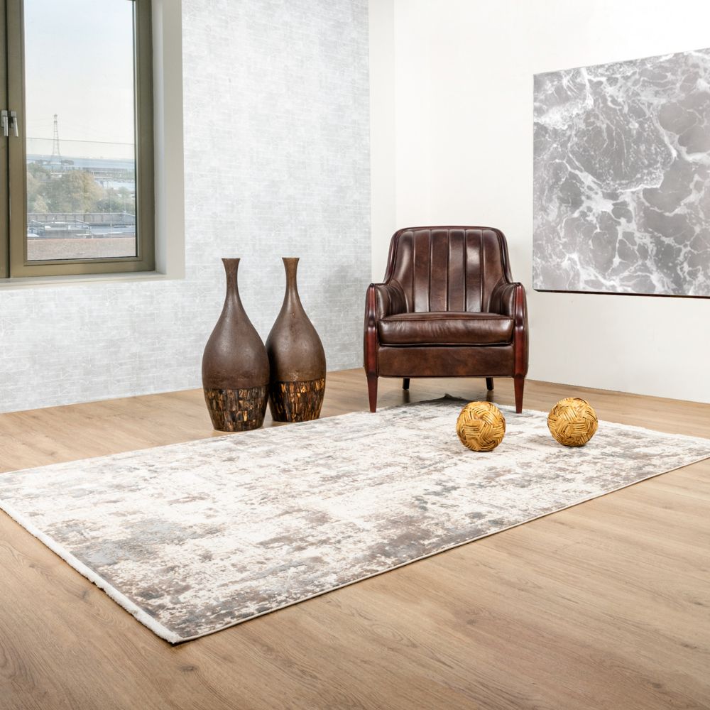 Tapete decorativo colección Minori T2295 rectangular en tonos crema, gris y oro