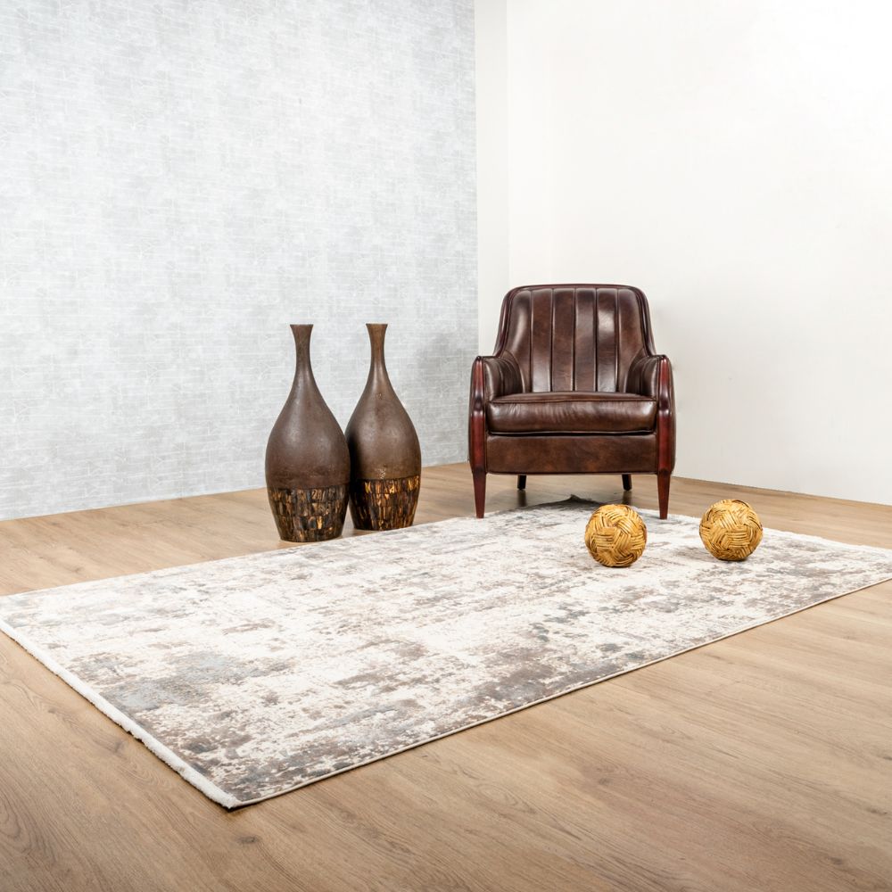Tapete decorativo colección Minori T2295 rectangular en tonos crema, gris y oro