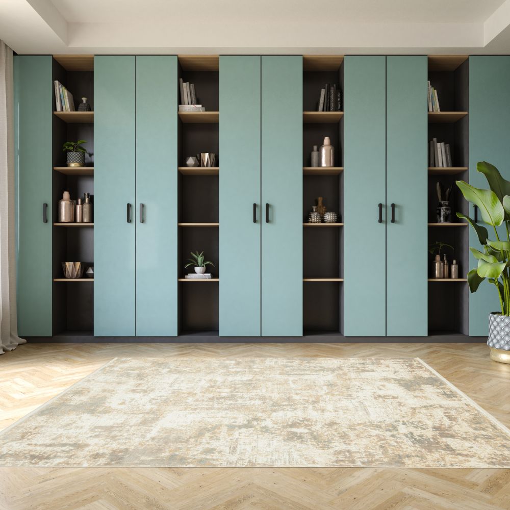 Tapete decorativo colección Minori T2295 rectangular en tonos crema, gris y oro