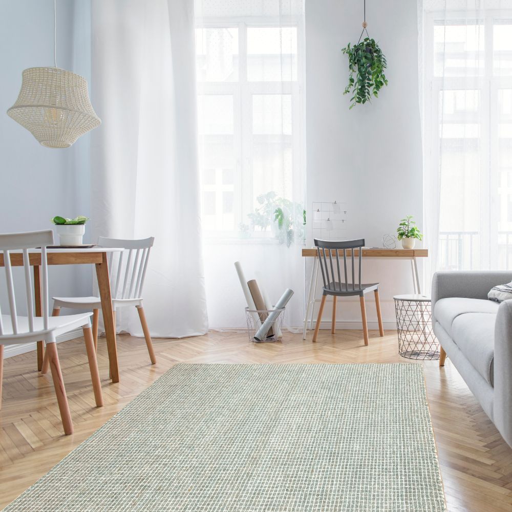 Tapete decorativo colección Myra D2023 rectangular de polietileno en tonos turquesa y beige