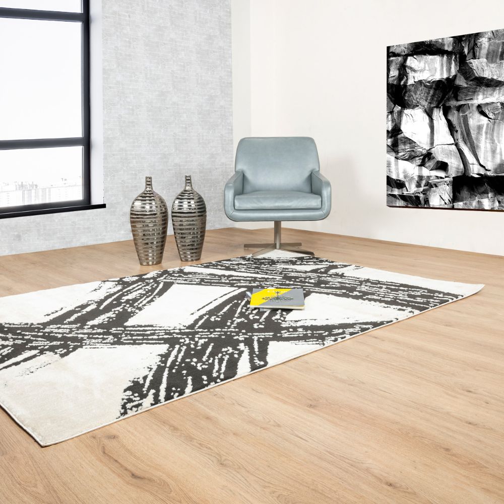 Tapete decorativo colección Optika rectangular en poliéster crema con negro de pelo corto
