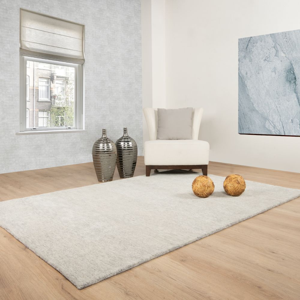 Tapete decorativo colección Ravi D2017 rectangular de lana y algodón pelo corto en tono gris plata
