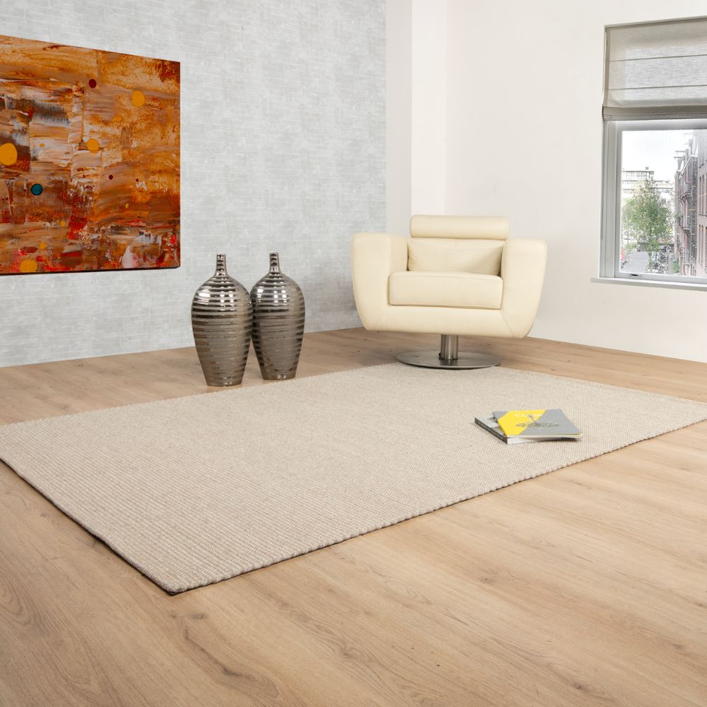 Tapete colección Saira D1005 rectangular de poliéster, algodón y lana en tono marfil plata