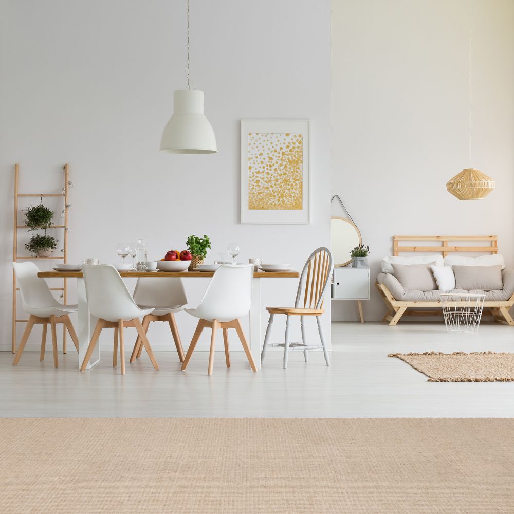 Tapete decorativo colección Saira D1006 rectangular en poliéster y lana color marfil beige