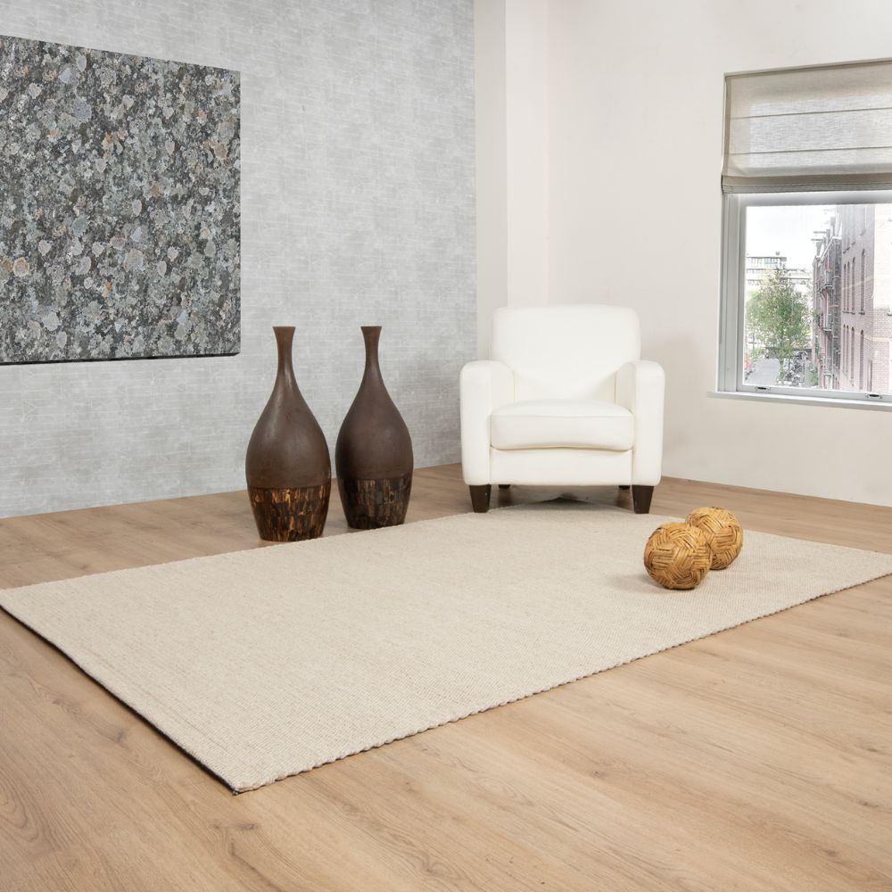 Tapete decorativo colección Saira D1006 rectangular en poliéster y lana color marfil beige