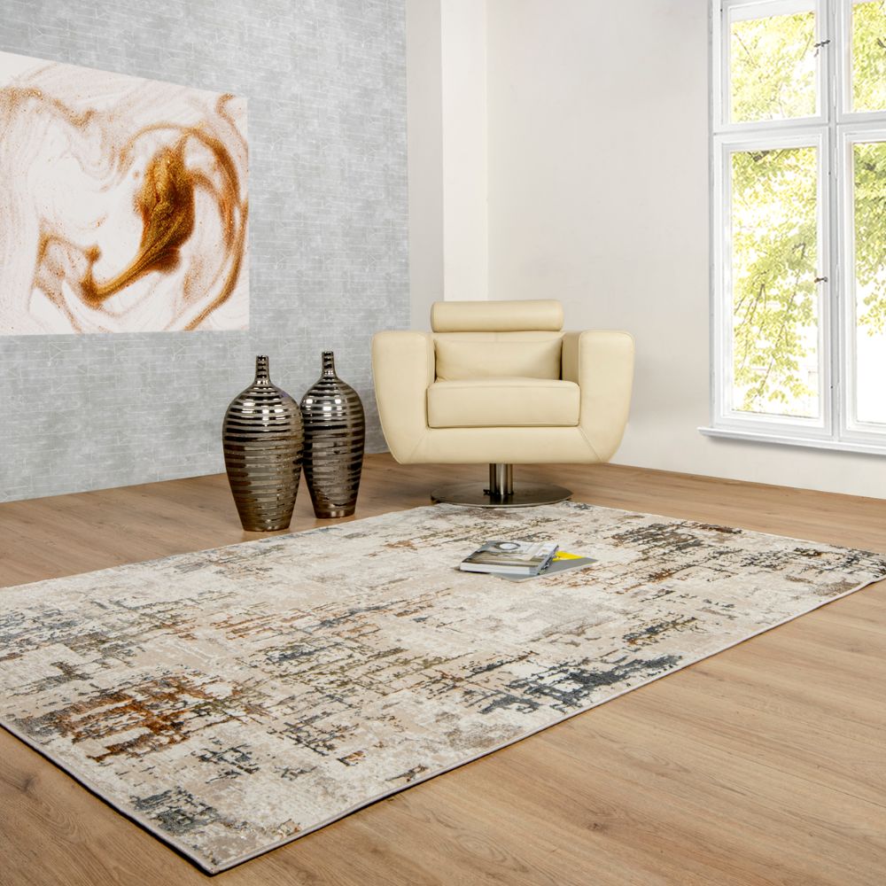 Tapete decorativo colección Salim T4044 rectangular y circular de poliéster en tonos gris y oro