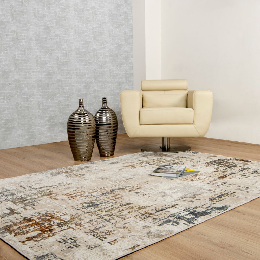 Tapete decorativo colección Salim T4044 rectangular y circular de poliéster en tonos gris y oro