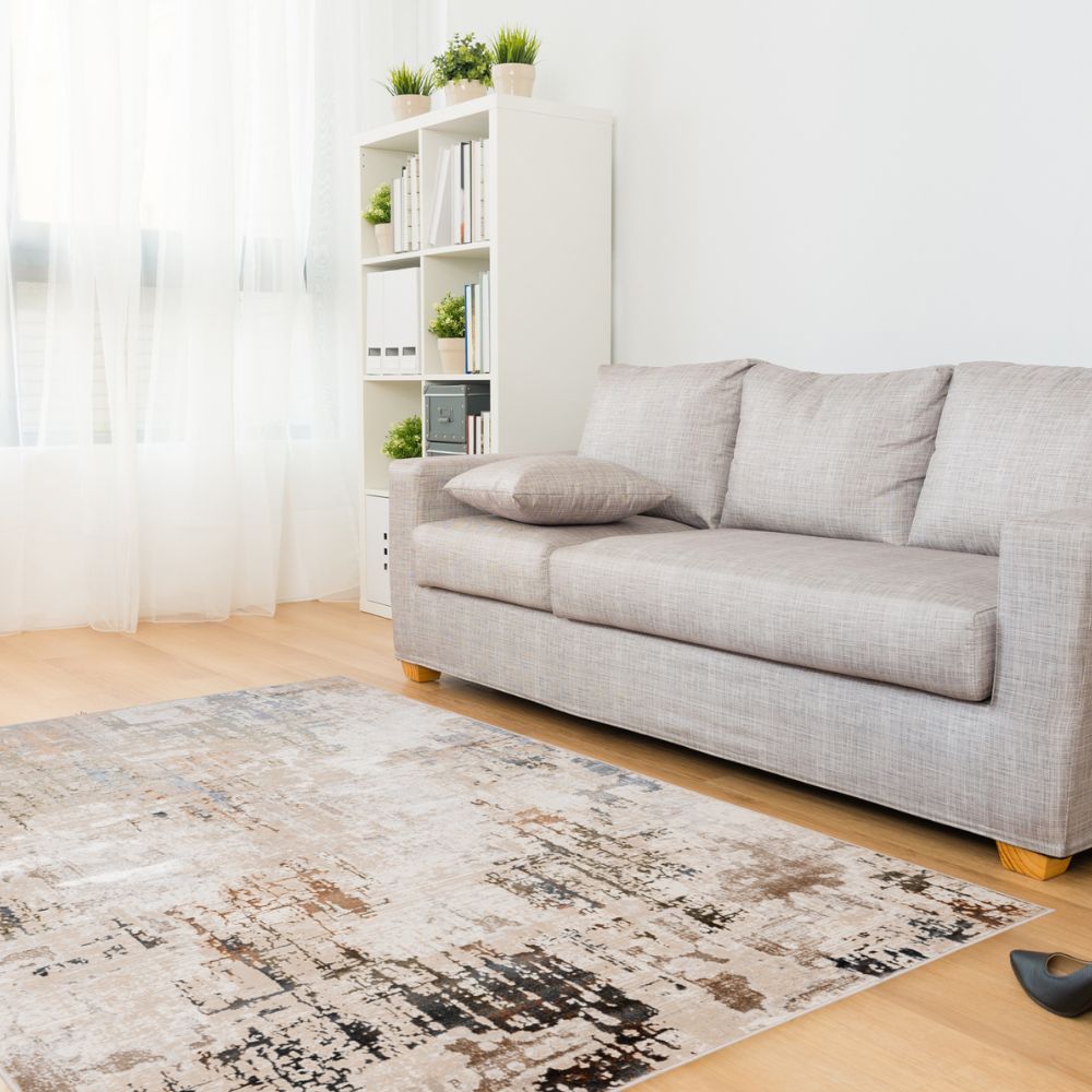 Tapete decorativo colección Salim T4044 rectangular y circular de poliéster en tonos gris y oro