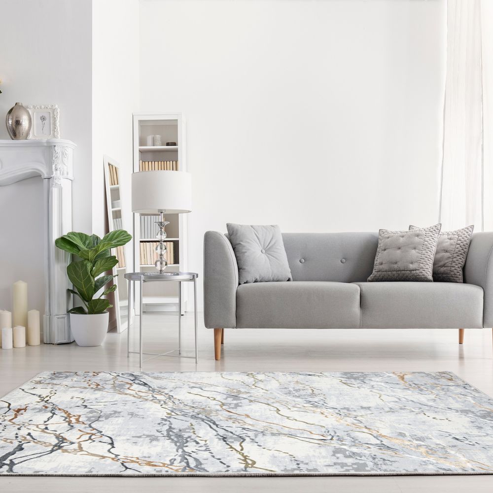 Tapete decorativo colección Salim T4046 rectangular y circular en poliéster color gris oro