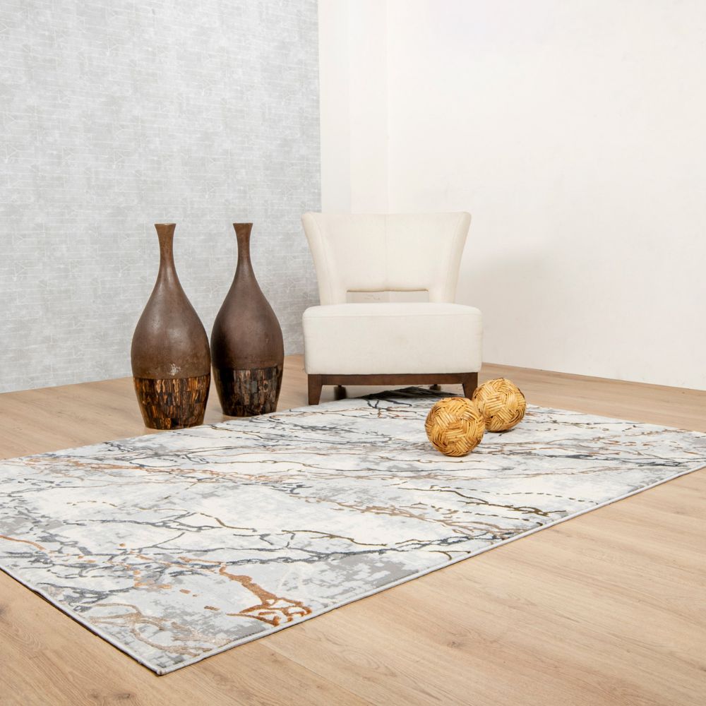 Tapete decorativo colección Salim T4046 rectangular y circular en poliéster color gris oro