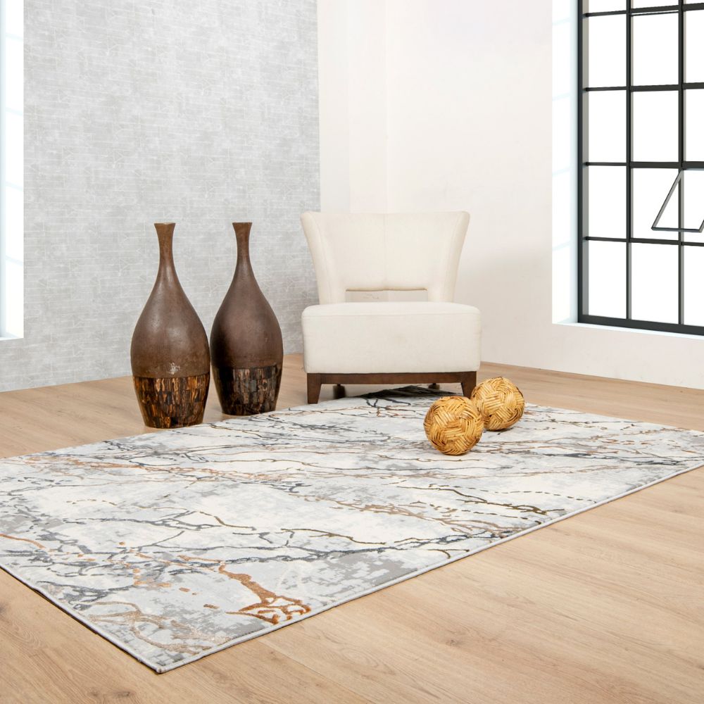 Tapete decorativo colección Salim T4046 rectangular y circular en poliéster color gris oro