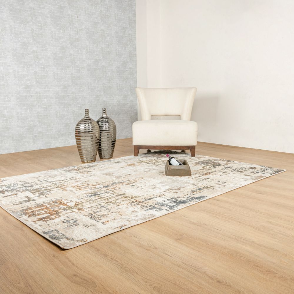 Tapete decorativo Salim T4047 de poliéster en gris y oro, formas rectangular y circular
