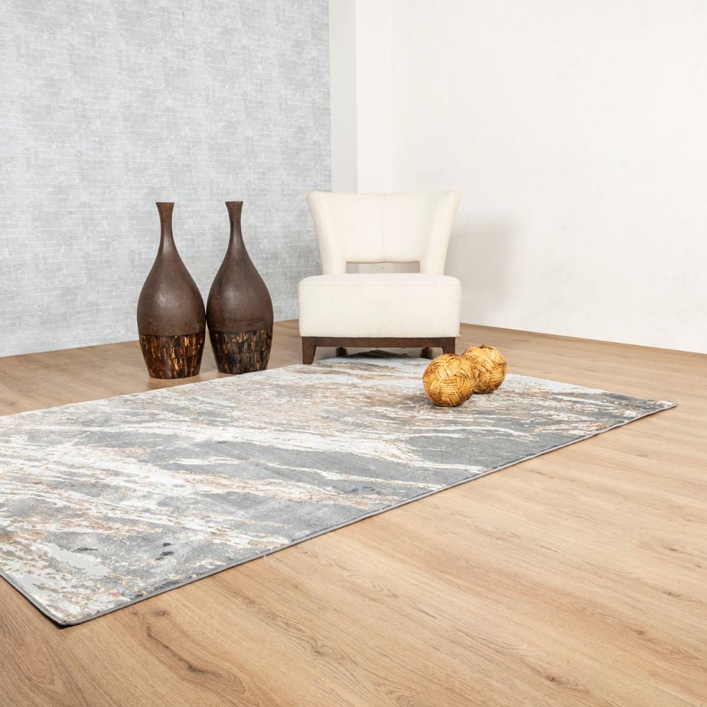 Tapete decorativo colección Salim rectangular y circular en poliéster gris oro de pelo corto