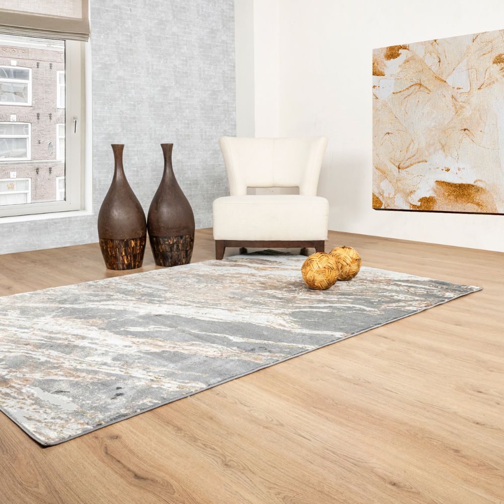 Tapete decorativo colección Salim rectangular y circular en poliéster gris oro de pelo corto