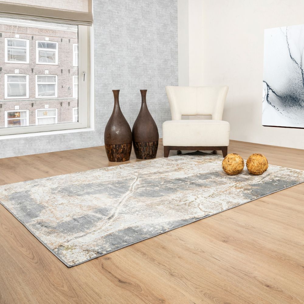Tapete decorativo colección Salim T4051 de poliéster pelo corto en tonos gris y oro, rectangular o circular