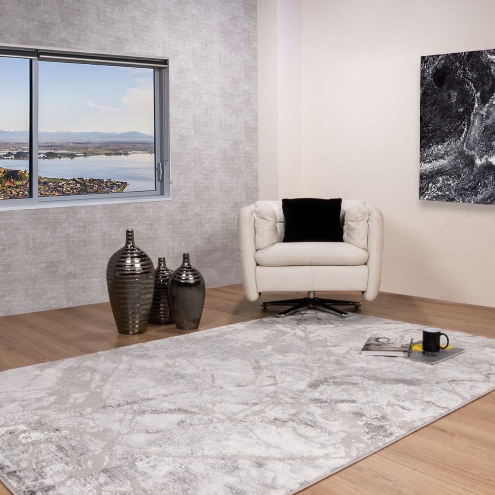 Tapete decorativo colección Samira U5003 rectangular en poliéster y polipropileno color gris plata