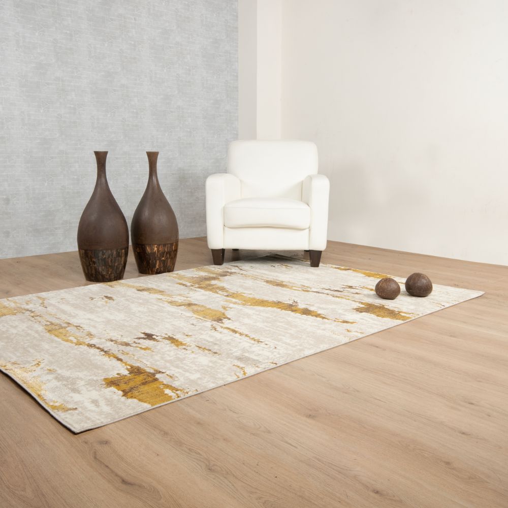 Tapete decorativo colección Sibel U7001 rectangular y circular de poliéster en tonos oro y crema