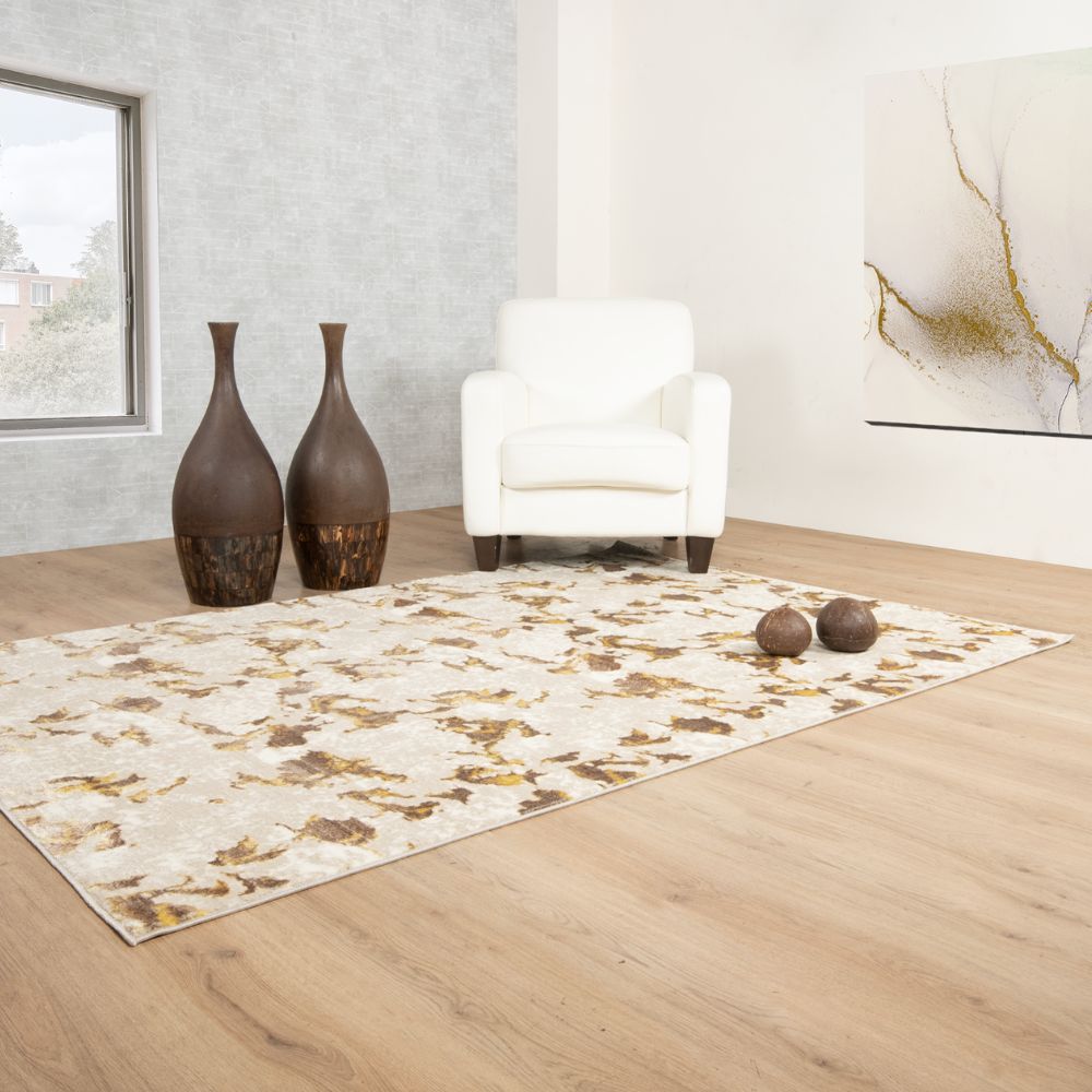 Tapete colección Sibel U7002 rectangular y circular de poliéster pelo corto en tono oro crema