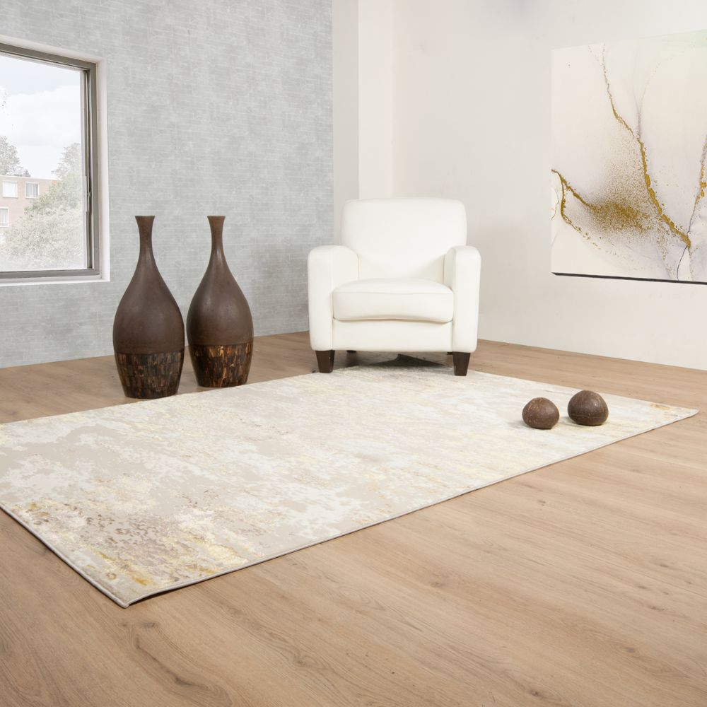 Tapete decorativo colección Sibel U7003 rectangular y circular en poliéster color oro crema