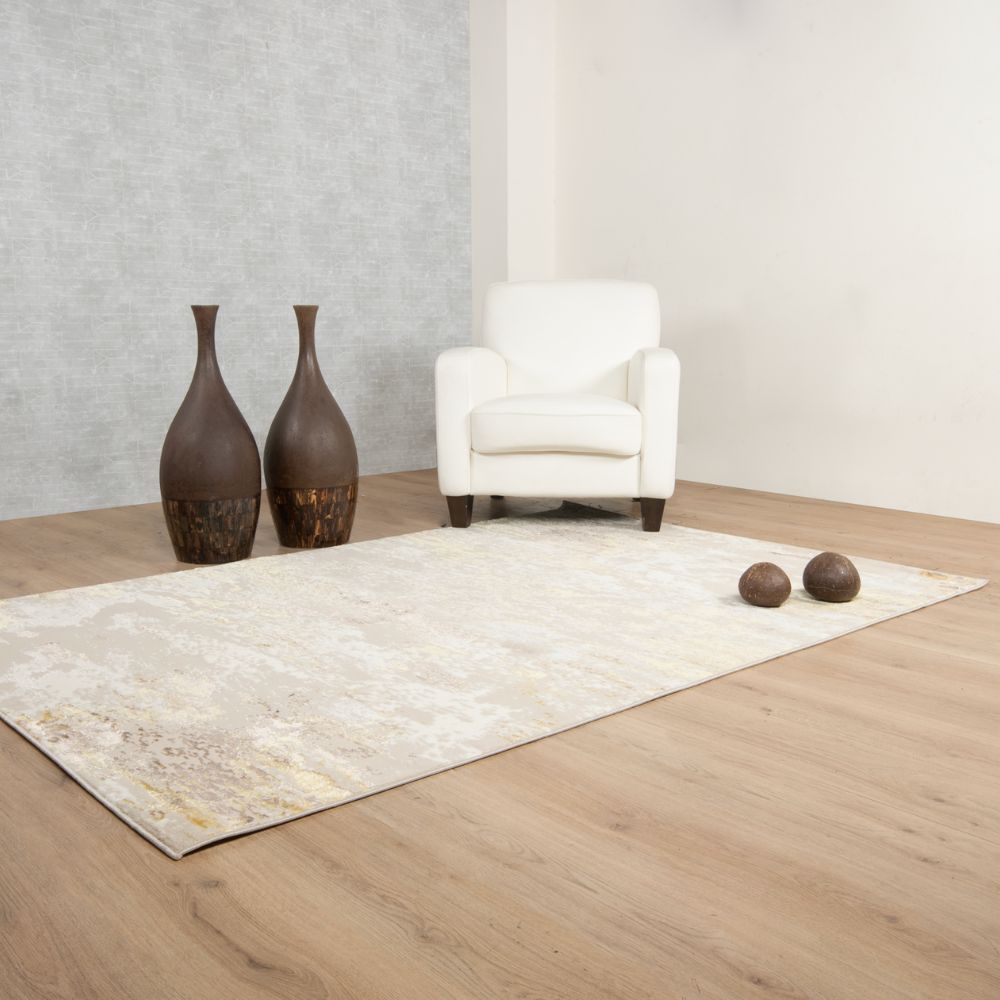 Tapete decorativo colección Sibel U7003 rectangular y circular en poliéster color oro crema
