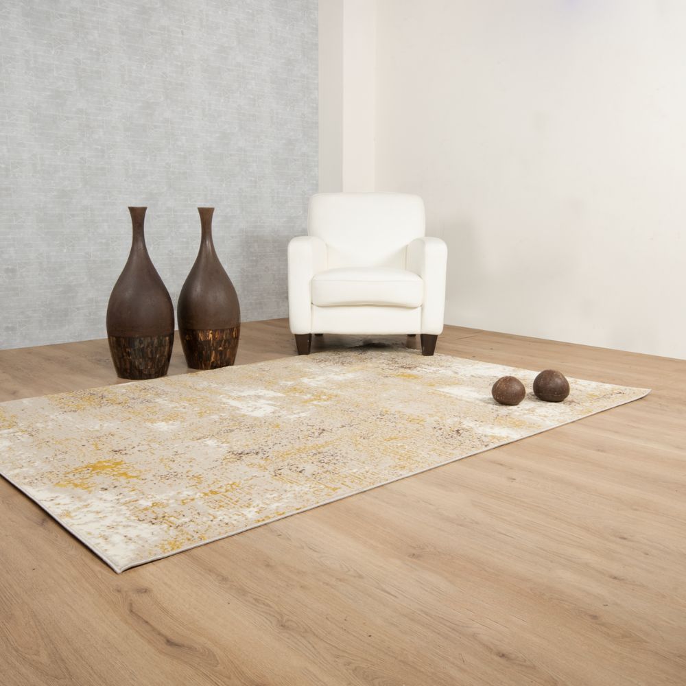 Tapete decorativo Sibel U7004 de poliéster en oro y crema, formas rectangular y circular