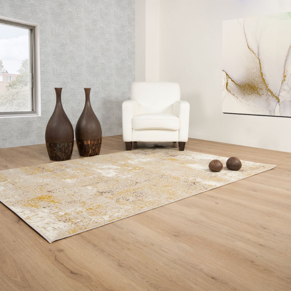 Tapete decorativo Sibel U7004 de poliéster en oro y crema, formas rectangular y circular