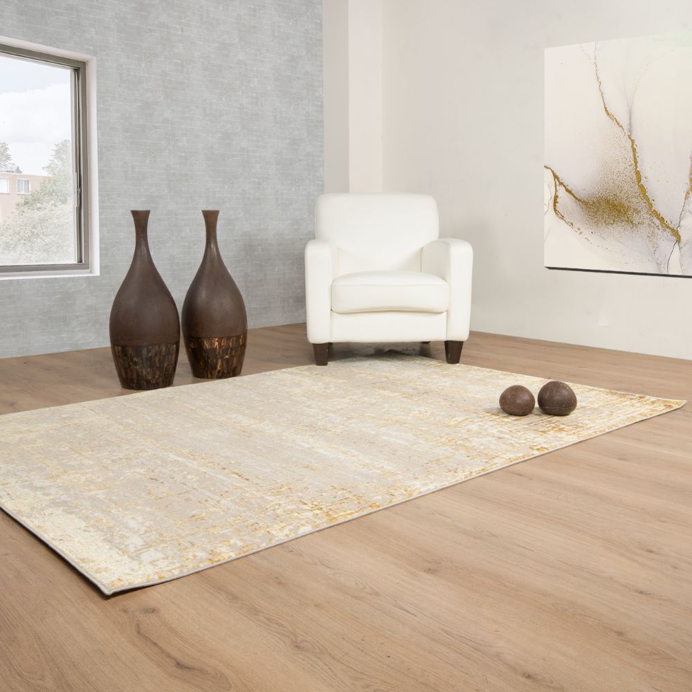 Tapete decorativo colección Sibel U7005 de poliéster en oro crema, rectangular o circular