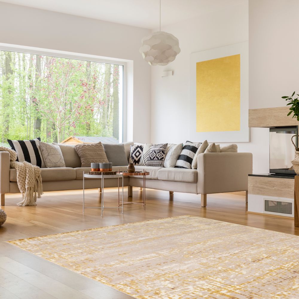 Tapete decorativo colección Sibel U7005 de poliéster en oro crema, rectangular o circular