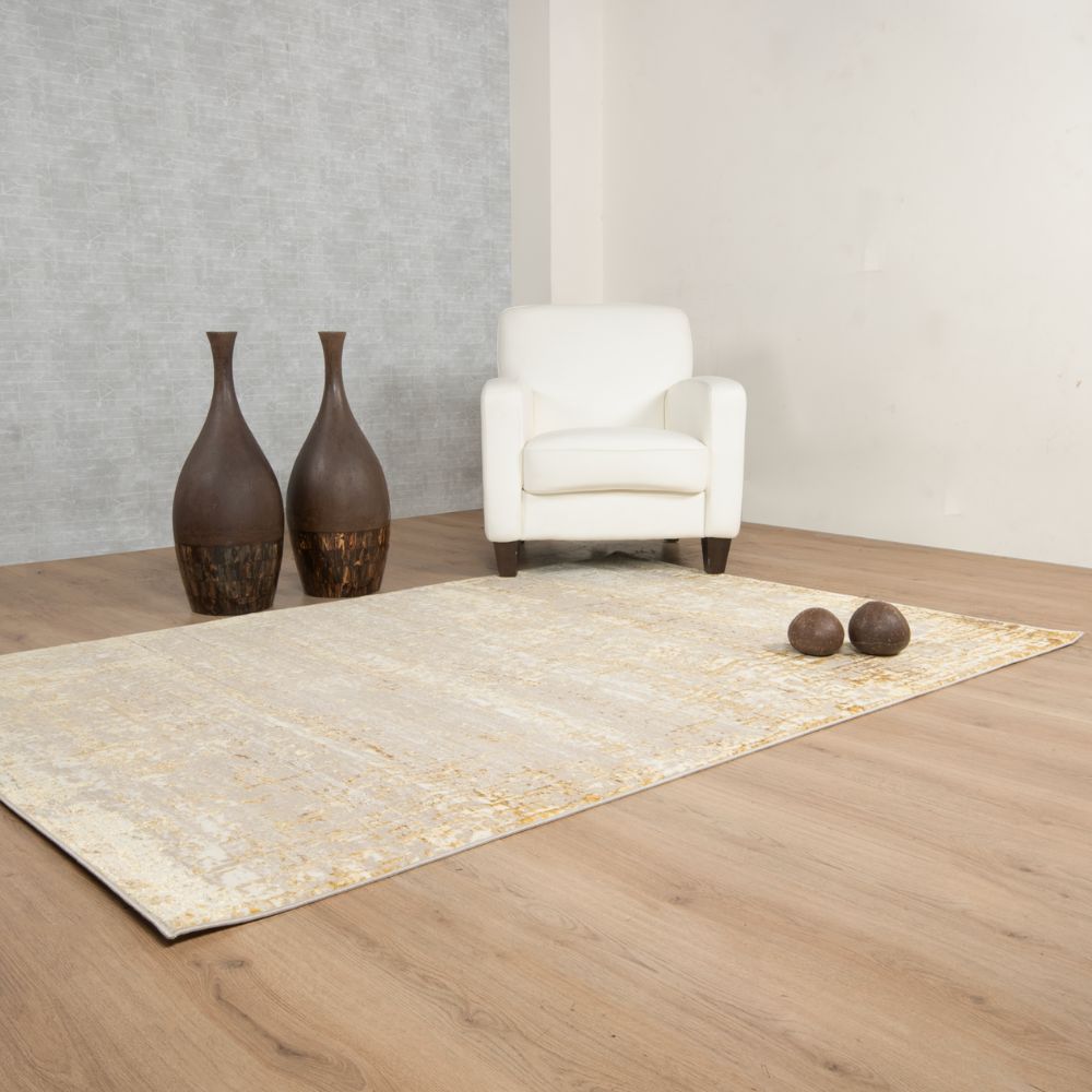 Tapete decorativo colección Sibel U7005 de poliéster en oro crema, rectangular o circular