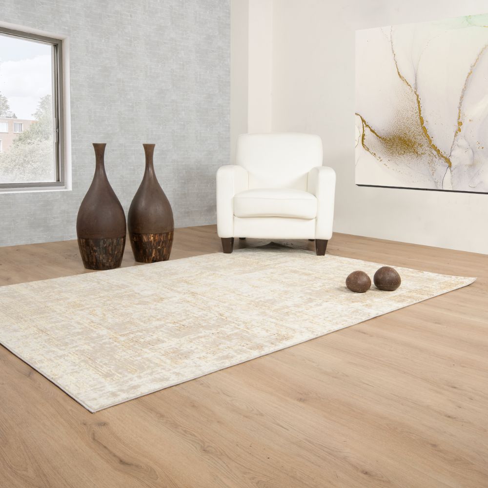 Tapete decorativo colección Sibel U7008 de poliéster pelo corto en tonos oro y crema, rectangular o circular