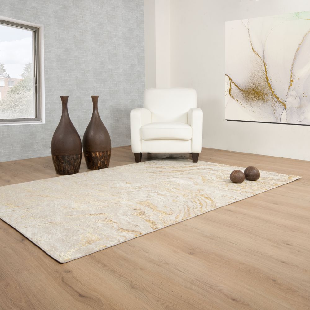Tapete decorativo colección Sibel U7009 rectangular y circular de poliéster en tonos oro y crema