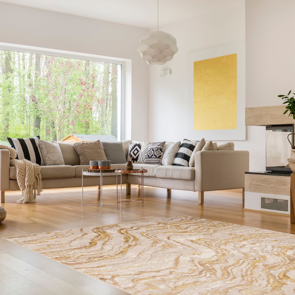 Tapete decorativo colección Sibel U7009 rectangular y circular de poliéster en tonos oro y crema