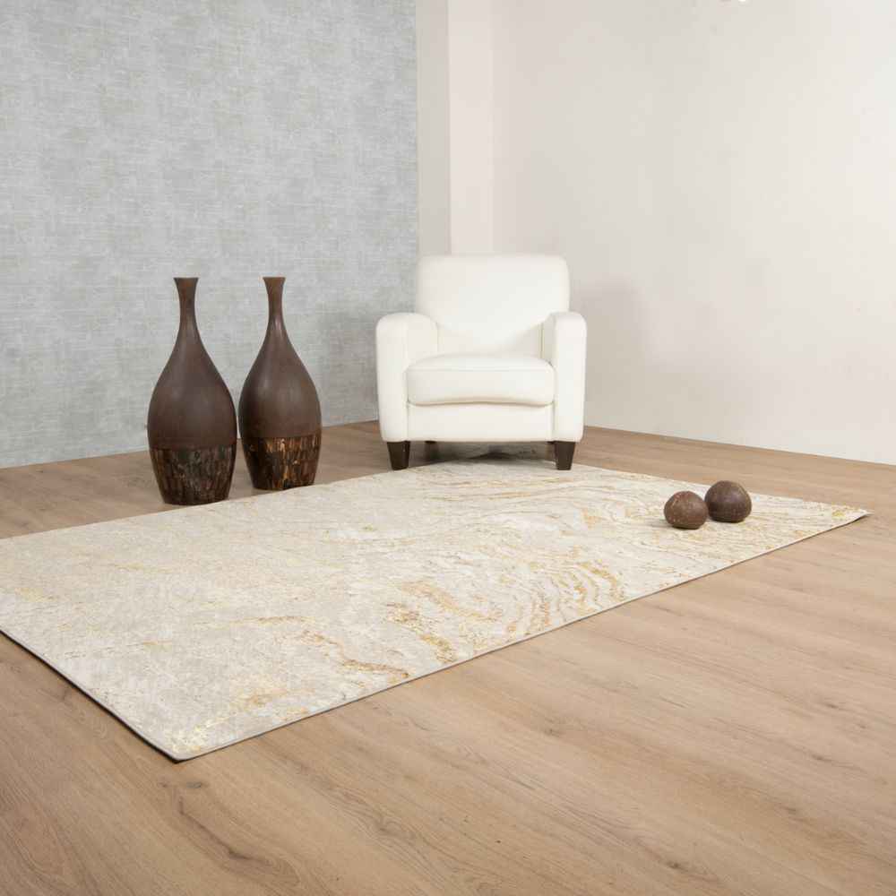 Tapete decorativo colección Sibel U7009 rectangular y circular de poliéster en tonos oro y crema