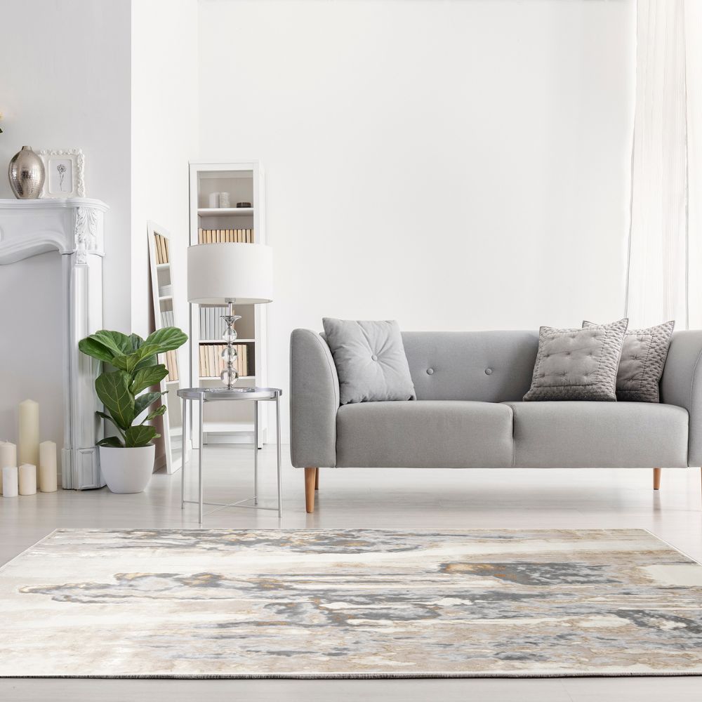 Tapete colección Terra T9028 rectangular de poliéster y polipropileno en tono crema oro