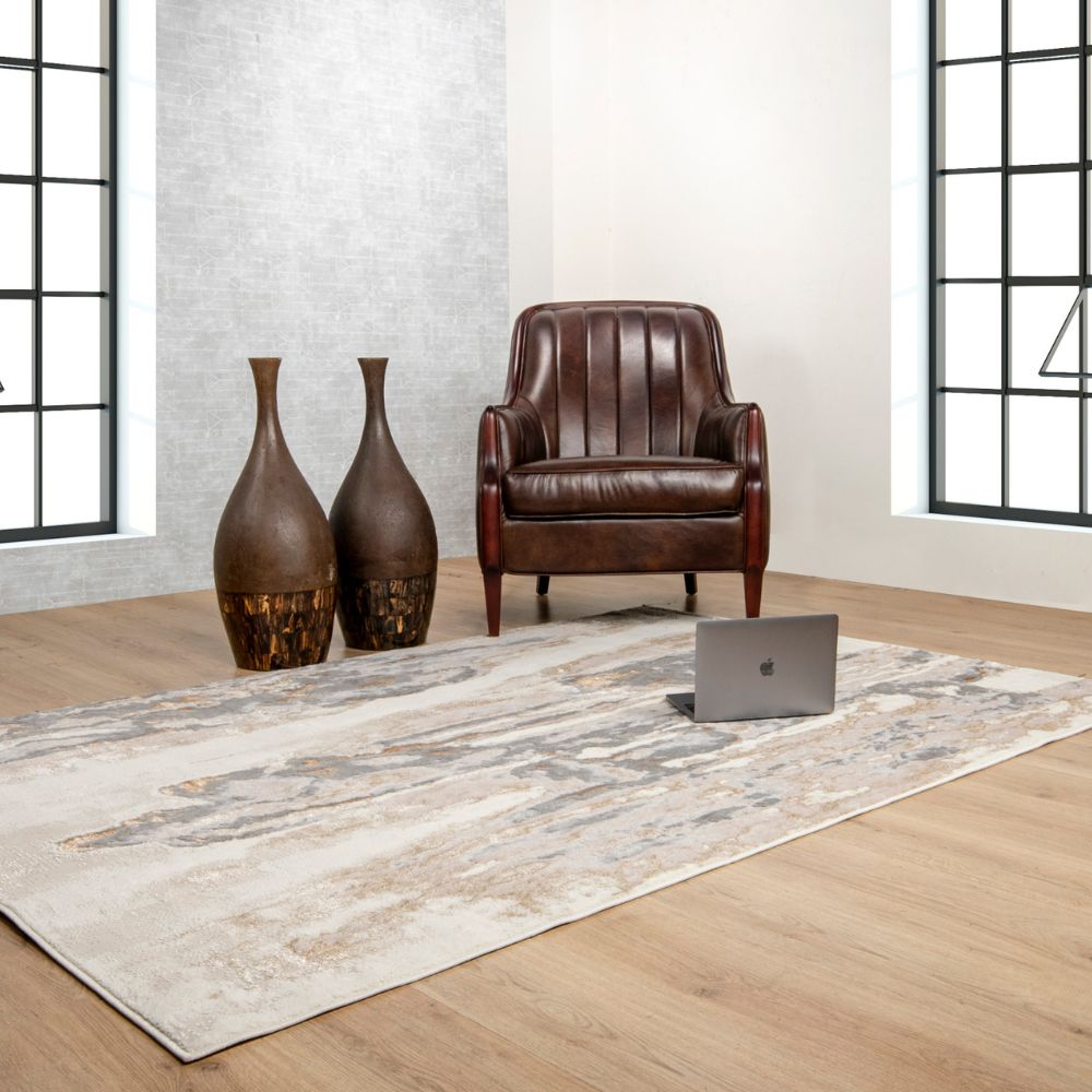 Tapete colección Terra T9028 rectangular de poliéster y polipropileno en tono crema oro