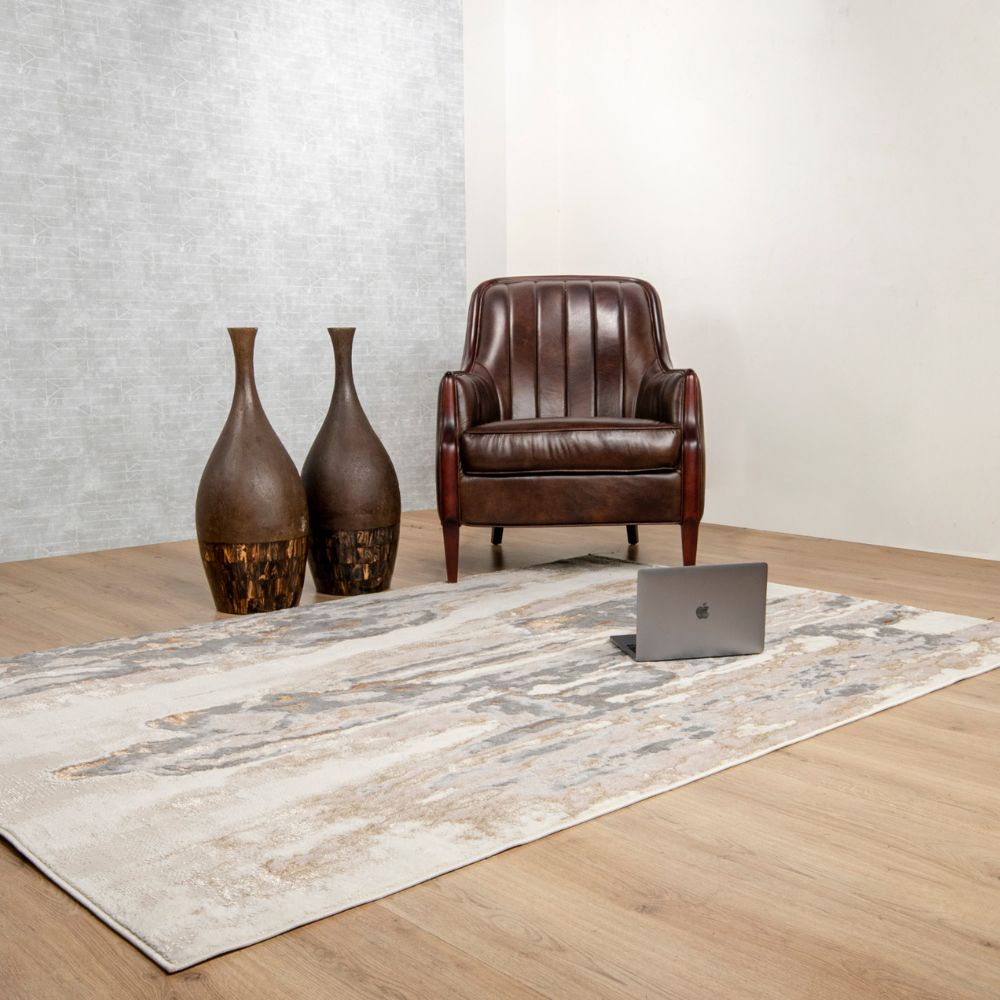 Tapete colección Terra T9028 rectangular de poliéster y polipropileno en tono crema oro
