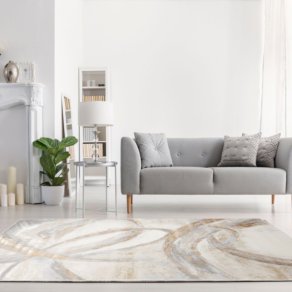 Tapete decorativo colección Terra T9029 rectangular en poliéster y polipropileno color crema oro