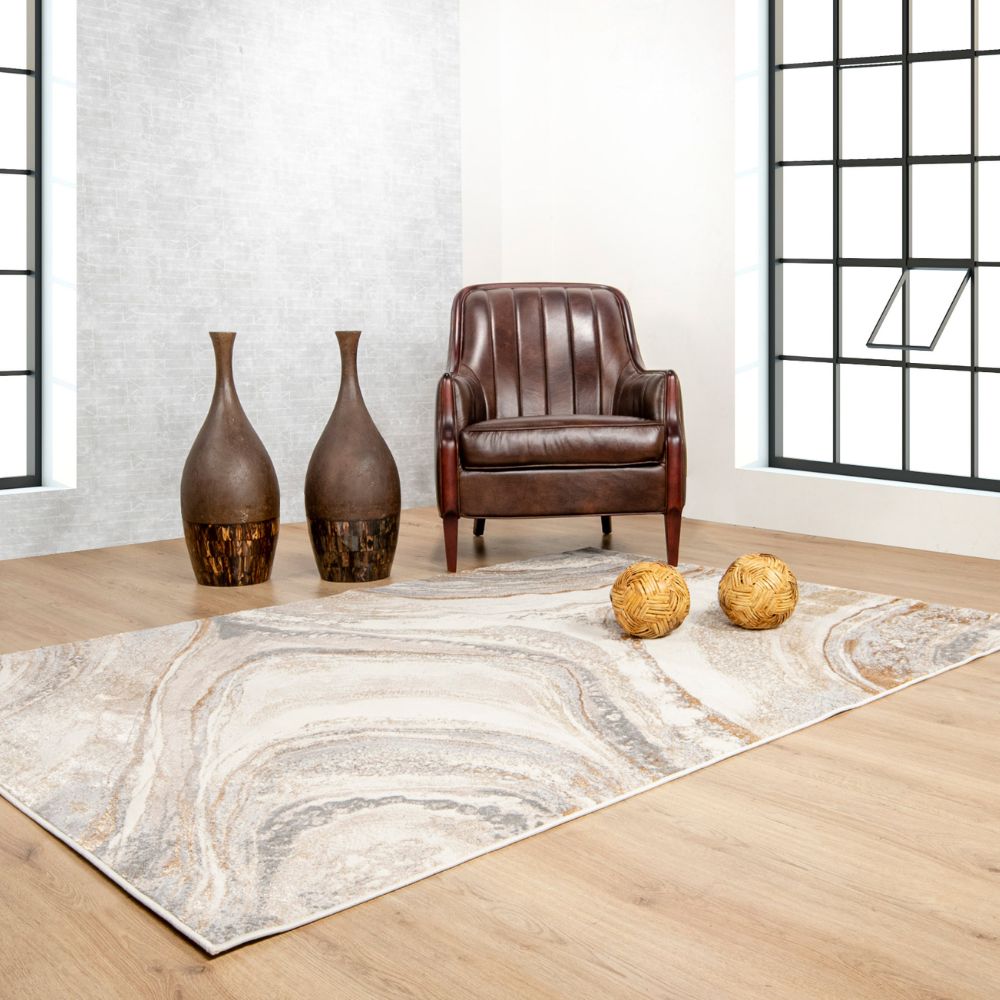 Tapete decorativo Terra T9030 rectangular de poliéster y polipropileno en crema y oro
