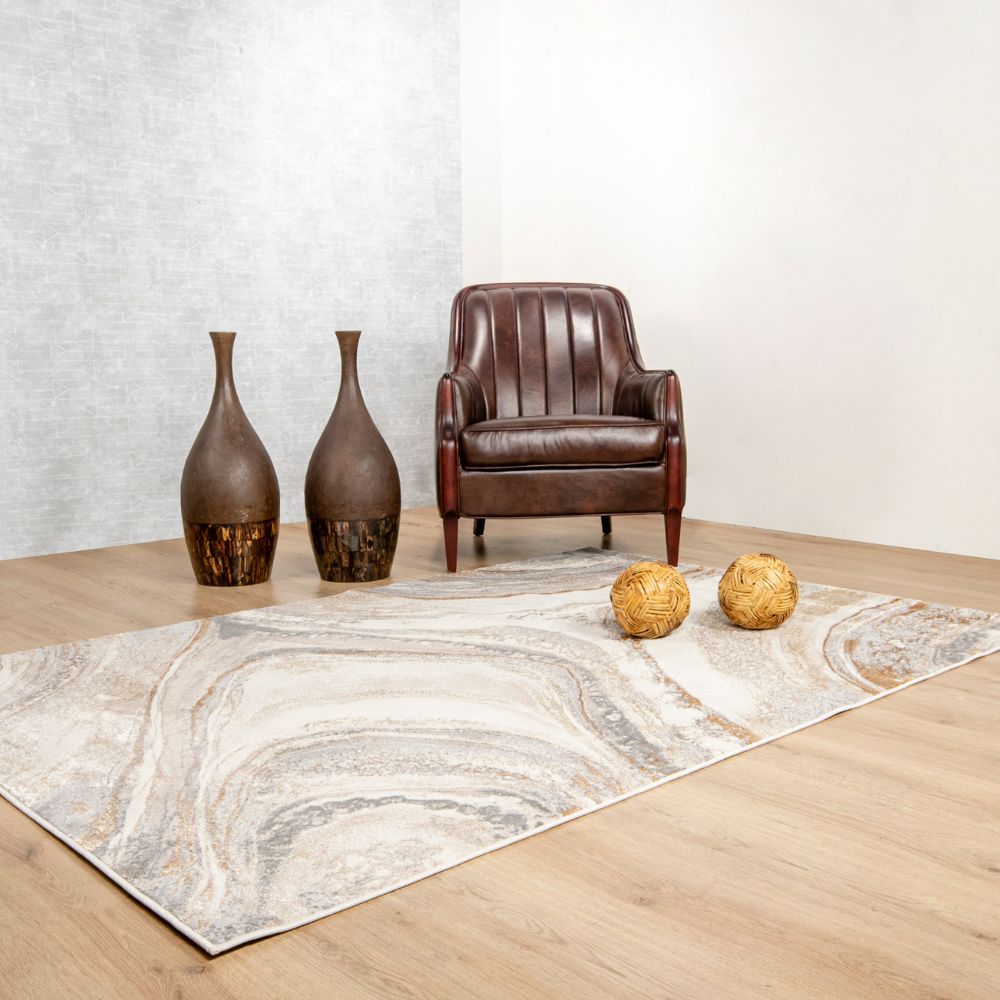 Tapete decorativo Terra T9030 rectangular de poliéster y polipropileno en crema y oro