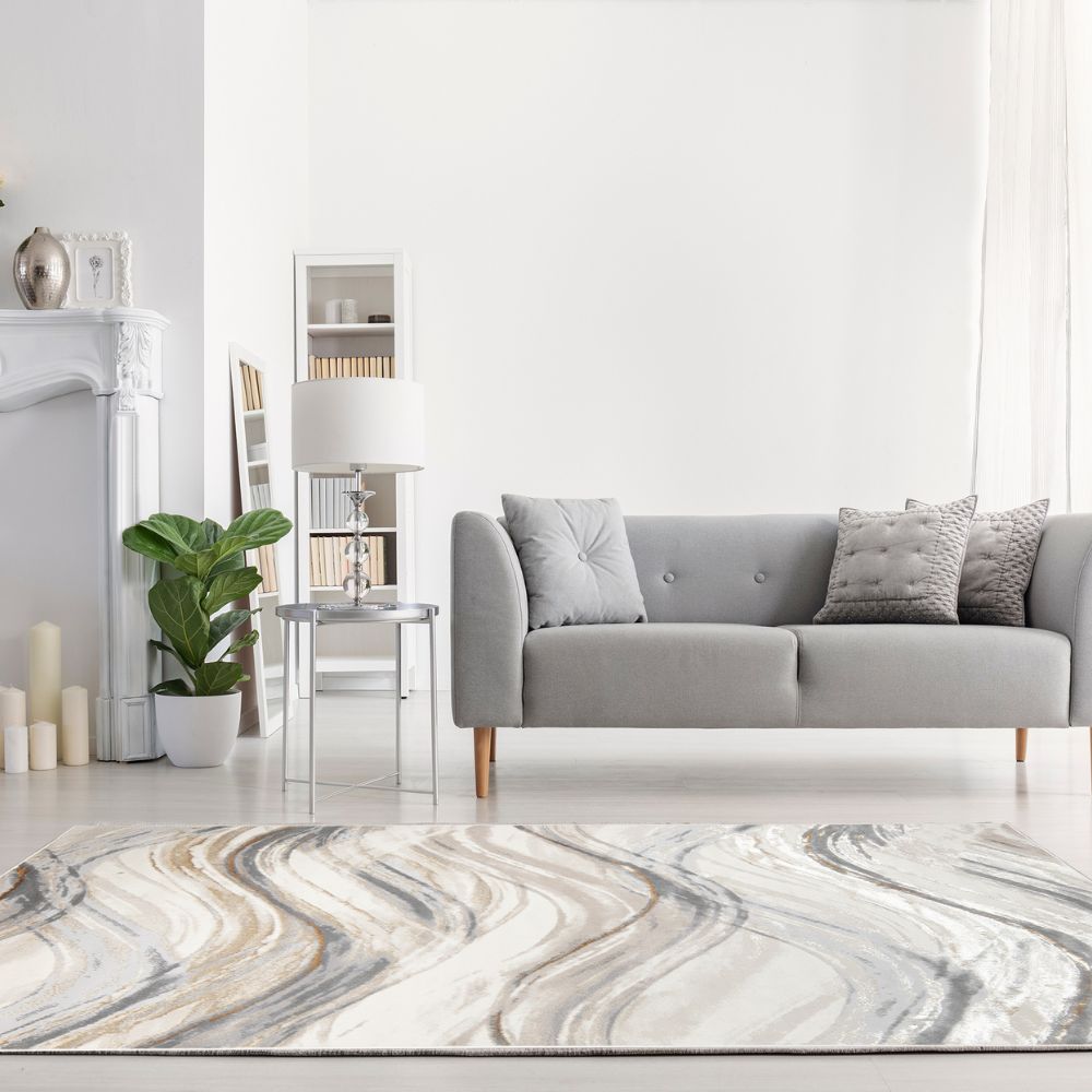 Tapete decorativo colección Terra T9032 rectangular de poliéster y polipropileno en crema oro