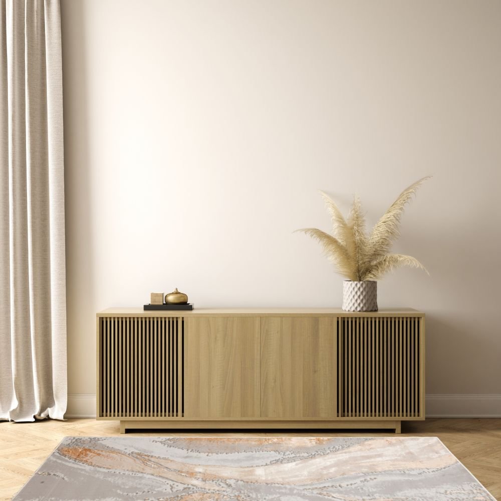 Tapete decorativo colección Terra rectangular en poliéster y polipropileno crema oro de pelo corto