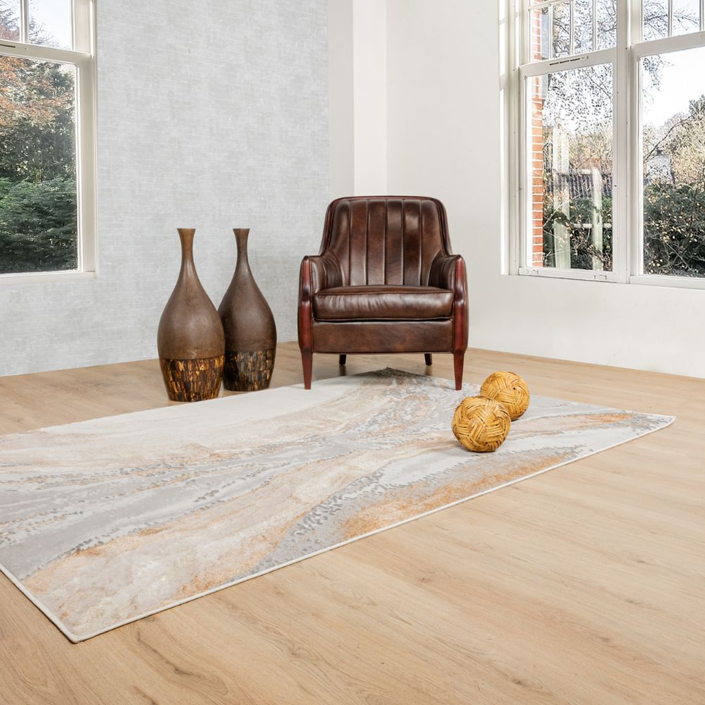 Tapete decorativo colección Terra rectangular en poliéster y polipropileno crema oro de pelo corto