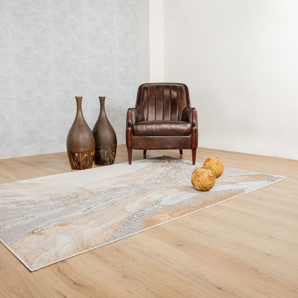 Tapete decorativo colección Terra rectangular en poliéster y polipropileno crema oro de pelo corto
