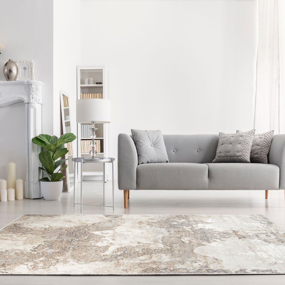 Tapete decorativo colección Terra T9035 rectangular de poliéster y polipropileno pelo corto en crema y oro