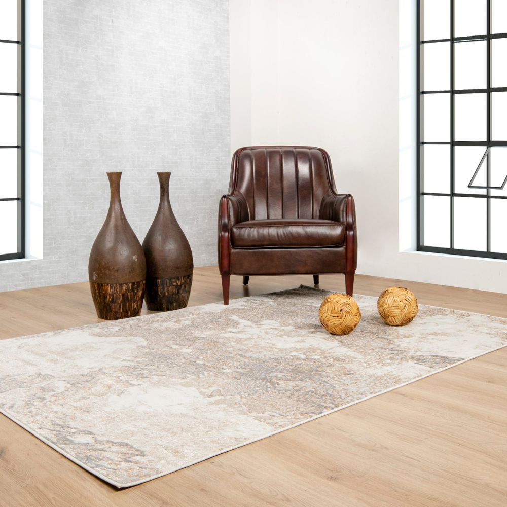 Tapete decorativo colección Terra T9035 rectangular de poliéster y polipropileno pelo corto en crema y oro