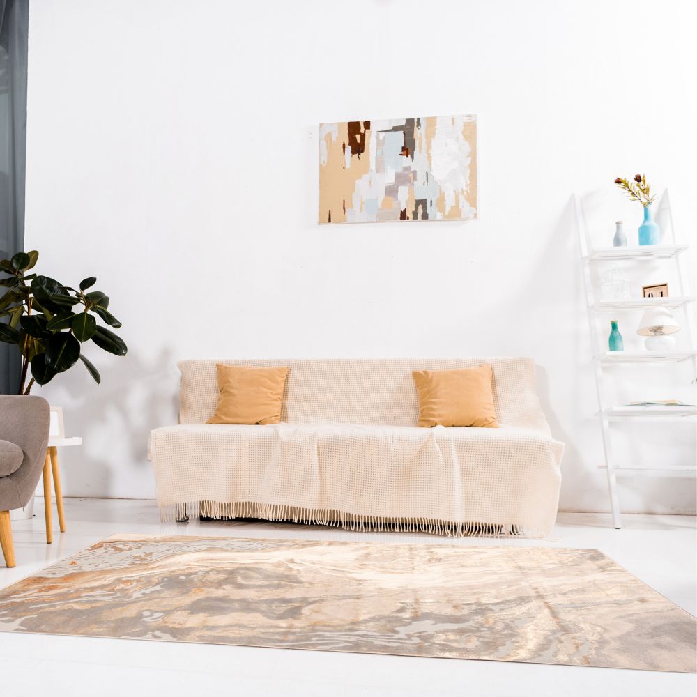 Tapete decorativo colección Terra T9037 rectangular de poliéster y polipropileno en crema y oro