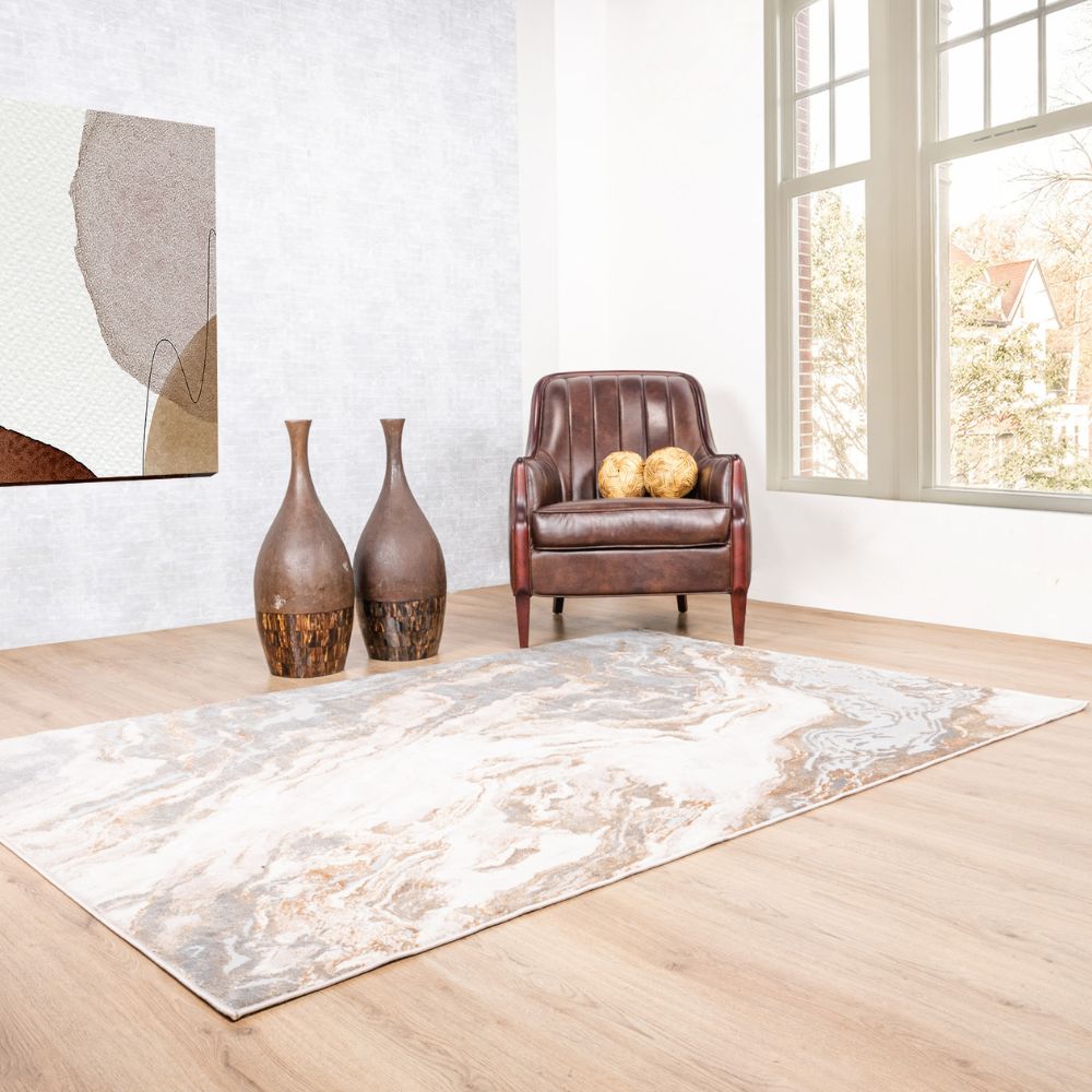Tapete decorativo colección Terra T9037 rectangular de poliéster y polipropileno en crema y oro